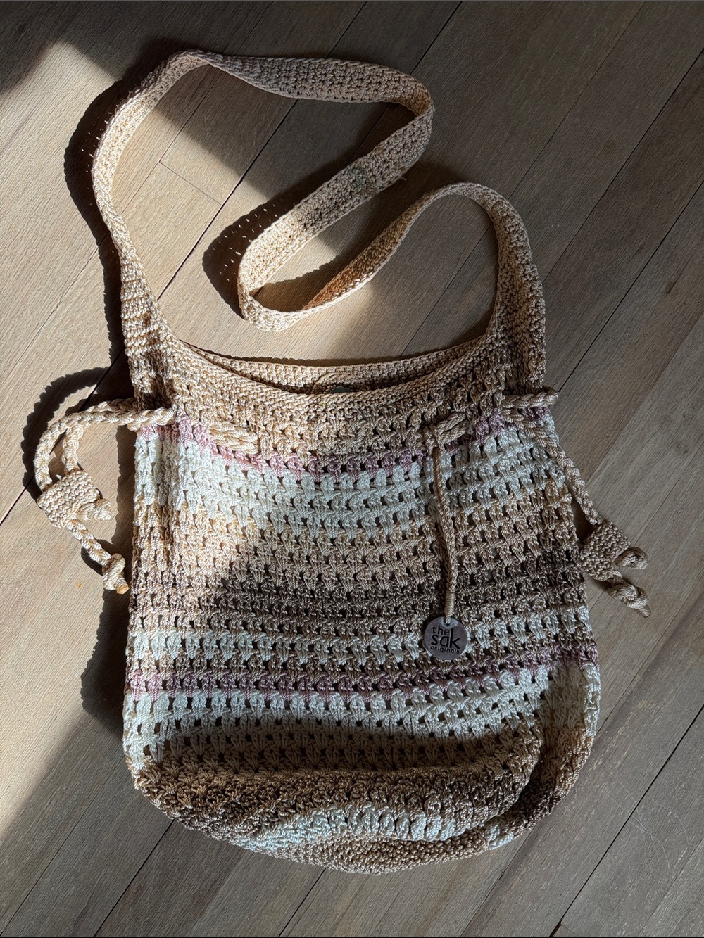 The Sak Neutral Crochet Tote with Blush Lining